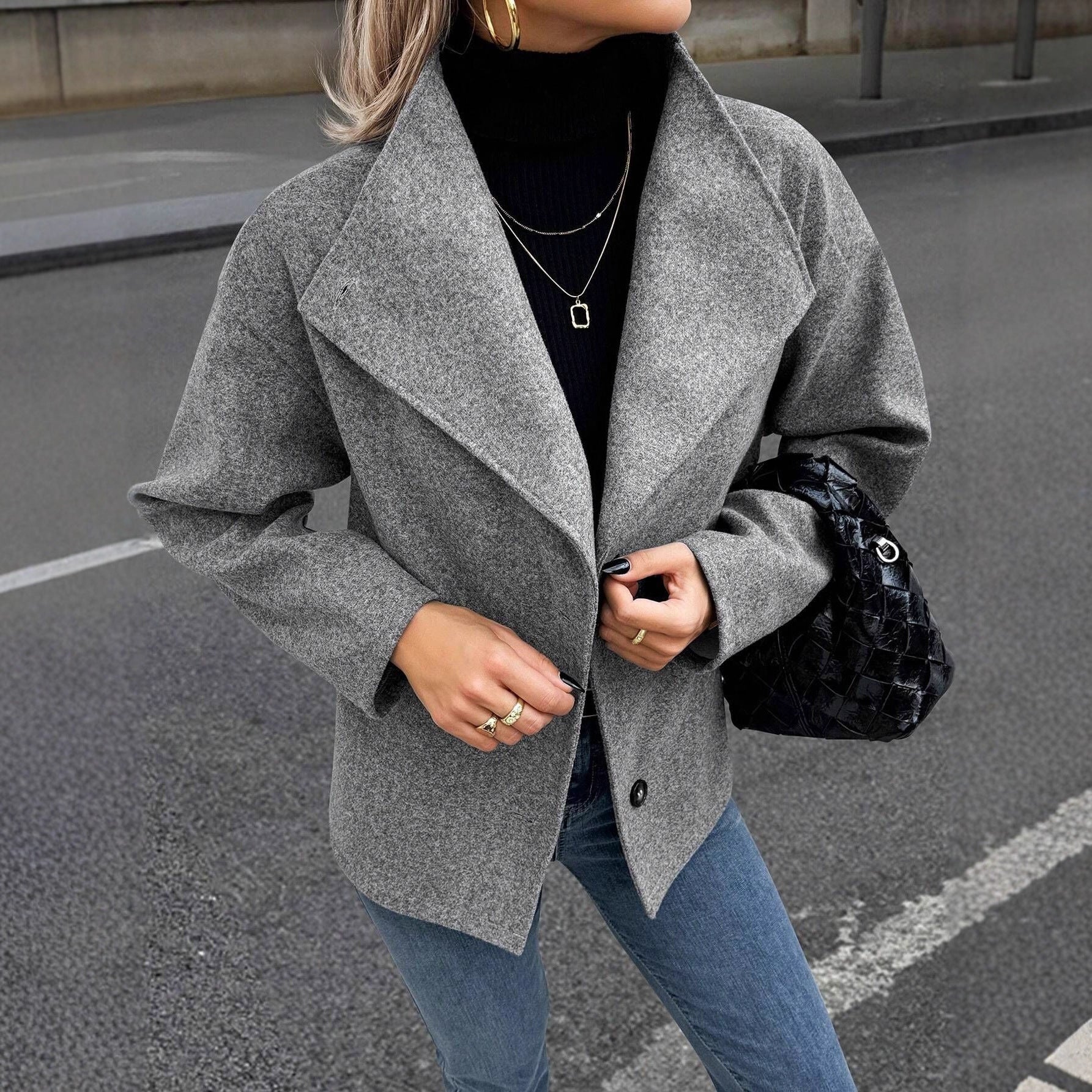 Stand Collar Single-breasted Loose Woolen Coat